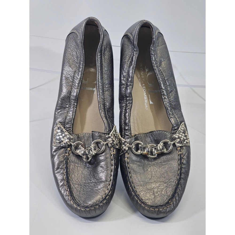 AGL Attilio Giusti Leombruni Metallic Pewter‎ Leather Chain Bit Loafers 37.5 / 7 - Picture 6 of 9